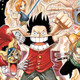 Usopp and Zoro cling onto Luffy's rubber cheeks, exposing his impossible mouth, as they leap through the air.